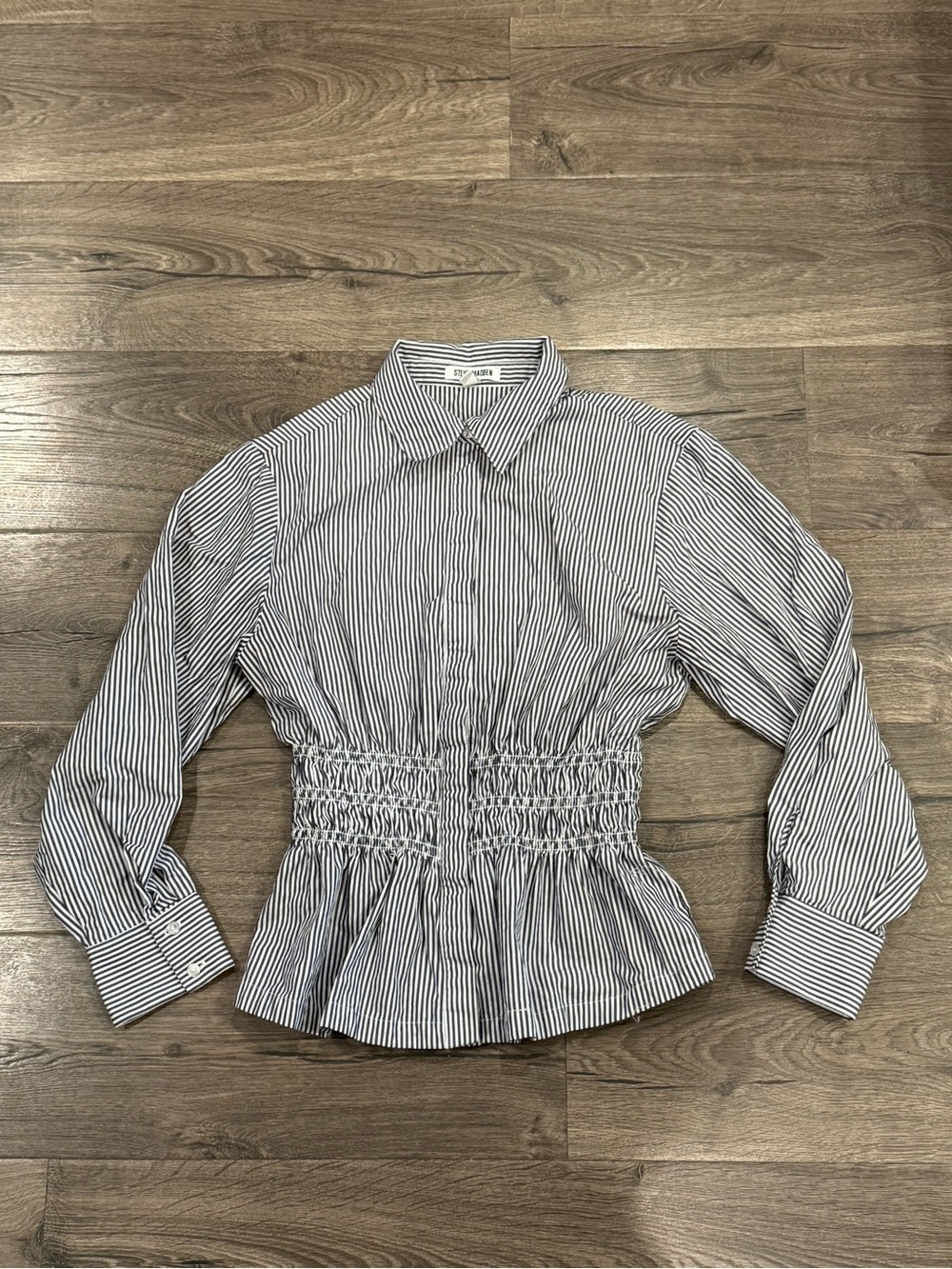 Steve Madden 100% Cotton White & Navy Striped Smocked-Waist Button-Up Shirt